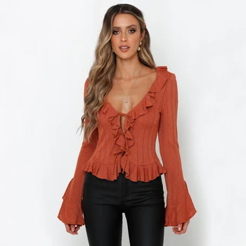 

Women Scoop Neck Ruffle Detail Lace Up Front Cardigan