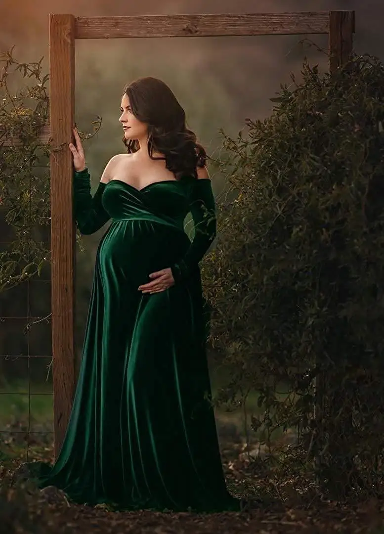 Maternity Dresses for Baby Showers Long Sleeve Pregnant Women Velvet Maxi Gown Dress Sexy V Neck Pregnancy Dress for Photo Shoot