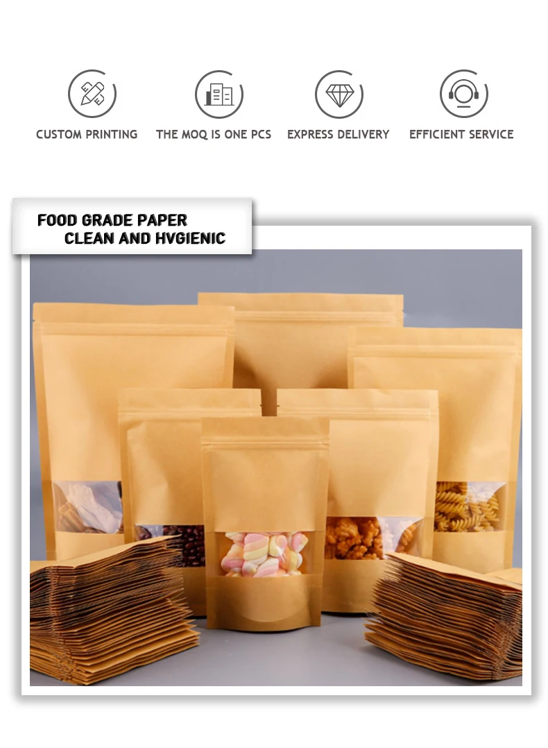Custom Logo Craft Paper Stand Up Zipper Bags With Window Nuts Candy Fried Kraft Paper Packaging Pouch 2 H3196e5bf0925412abed7653f878acca2j