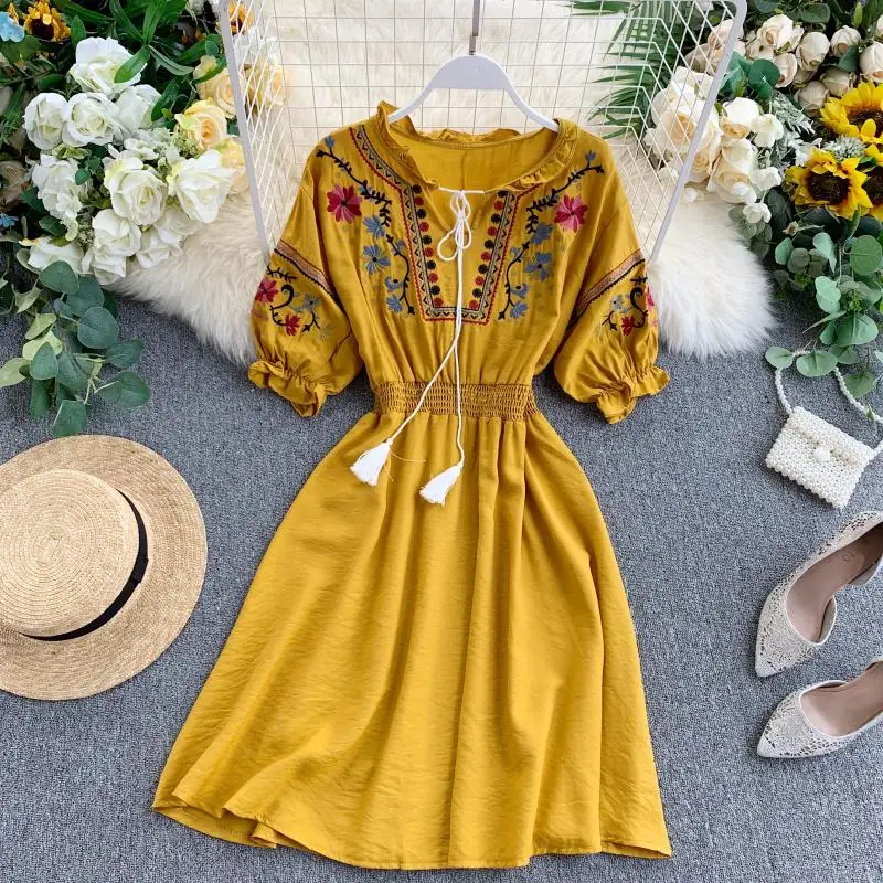 2019 Summer Embroidered Flower Fringe Short Sleeve High Waist A-line Dress Women Elegant Vestidos J156 | Женская одежда