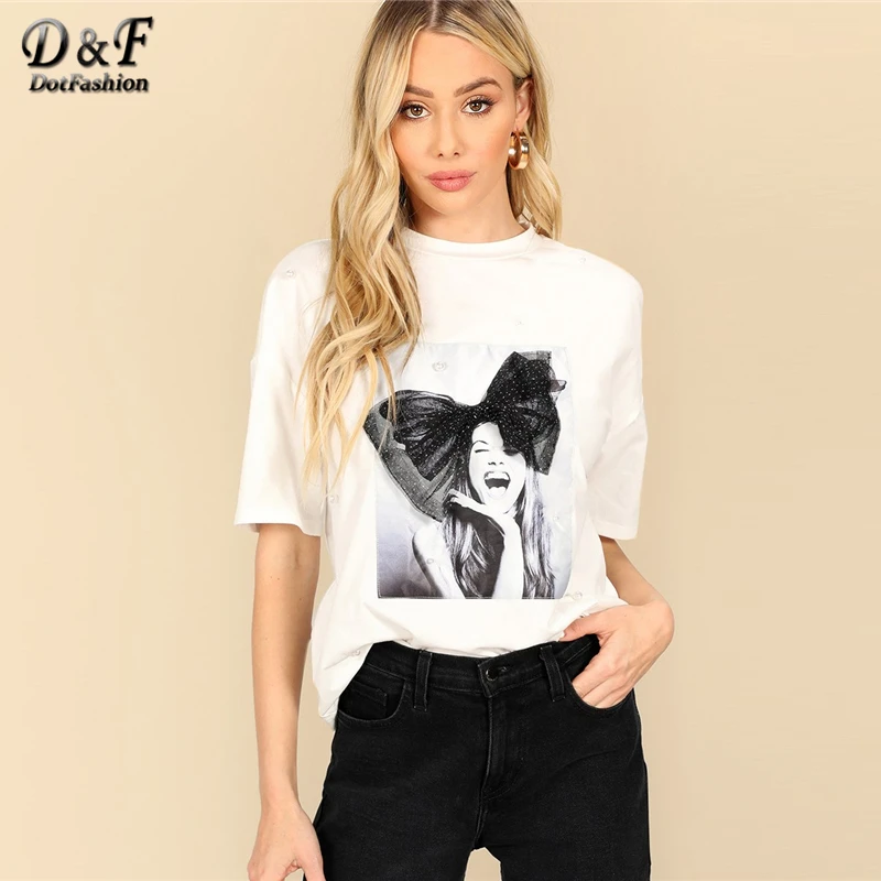 Najtaniej Dotfashion biały rysunek nadruk siatka łuk zdobione Top kobiety 2019 lato luźna koszulka Streetwear moda koszulka z krótkim rękawem