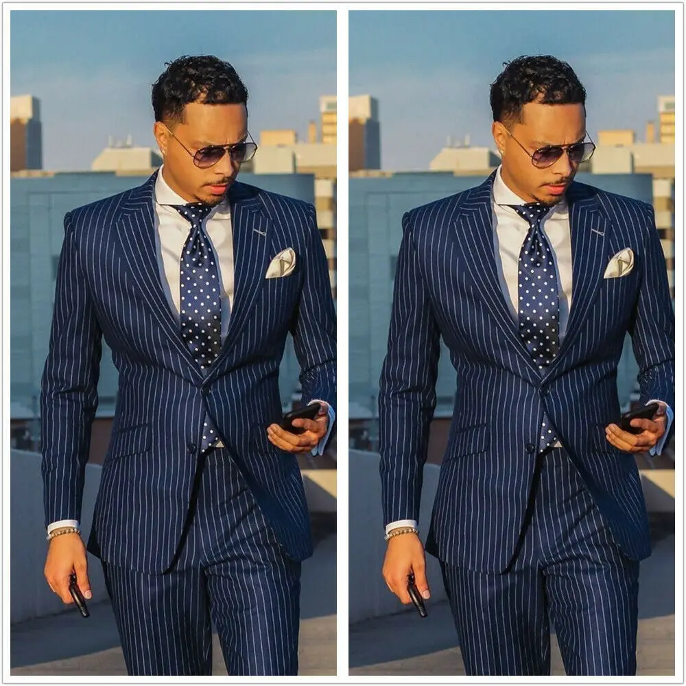 2020 Hot Sale Blue Striped Suit Men Set Slim Fit Custom Made Wedding Suits for 2 Piece Blazer Groom Prom Tuxedo Jacket+Pants | Мужская