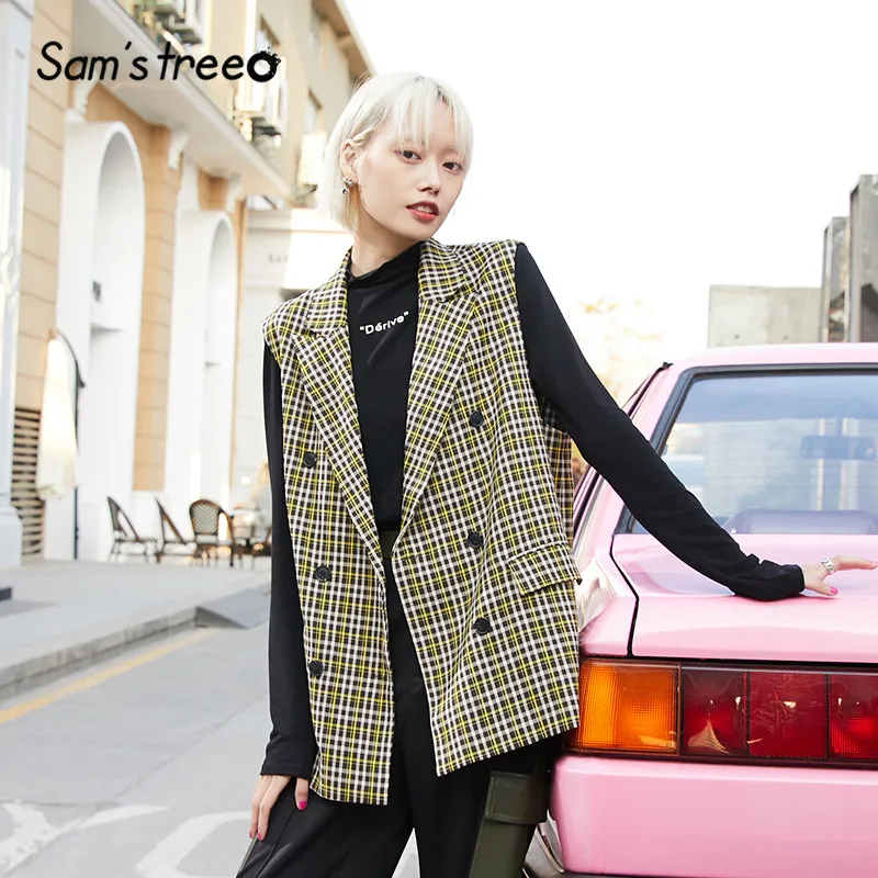 

SAM'S TREE Multicolor Plaid Brit Graphics Women Blazers 2020 Spring Vintage Double Button Loose Casual Ladies Daily Waistcoats