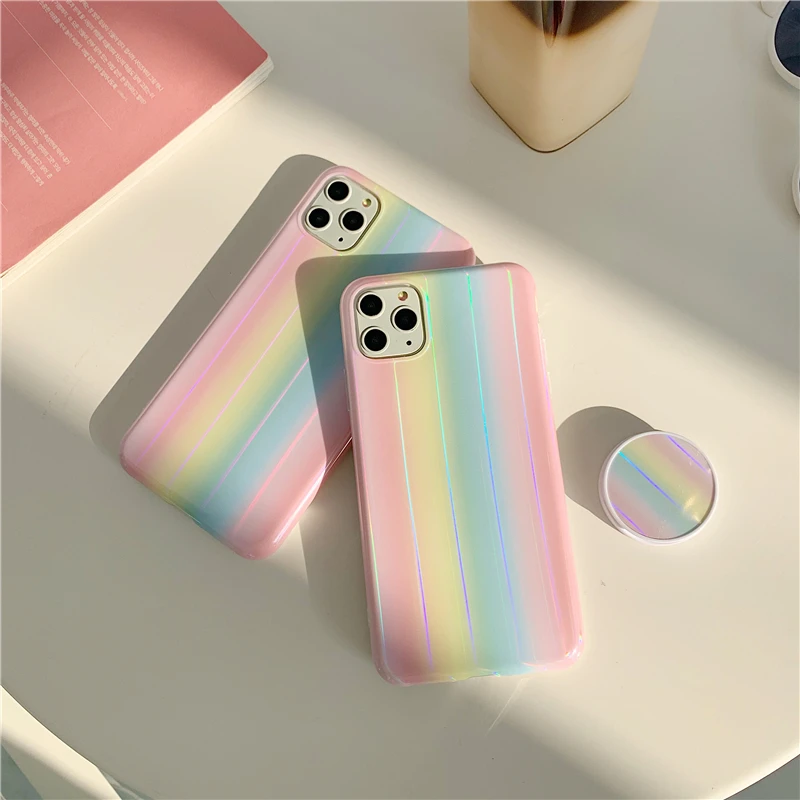 Цветной Гладкий лазерный Радужный чехол для iphone 11 11Pro Max XS Max X XR 6 7 8 Plus чехол для телефона задняя крышка Капа со складным кольцом
