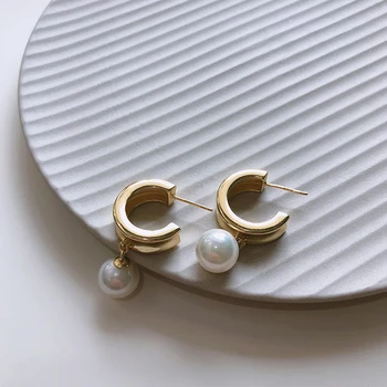 

Pearl 925 Silver 18k Gold Type C Drop Earrings Boho Silver Jewelry Korea Minimalism Brincos Pendientes Charm Earrings for Women