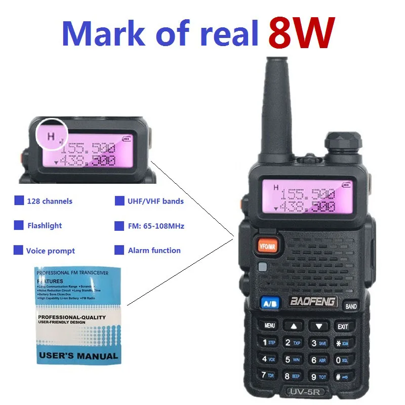 8 Вт BAOFENG UV-5R мощная рация 10 км Двухдиапазонная УФ 5R двухсторонняя радиостанция VOX фонарик портативное радио Amador VHF UHF