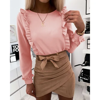 

Women Spring Fall Ruffles Long Sleeve O-neck Shirts Harajuku Ladies Casual Slim Solid Pink Tops Blusas Plus Size S-XL SJ5869Y