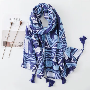 

Ethnic style Print Beach towel lady blue Cotton and Linen Scarf popular summer Sunscreen silk Scarves new winter seaside Shawls
