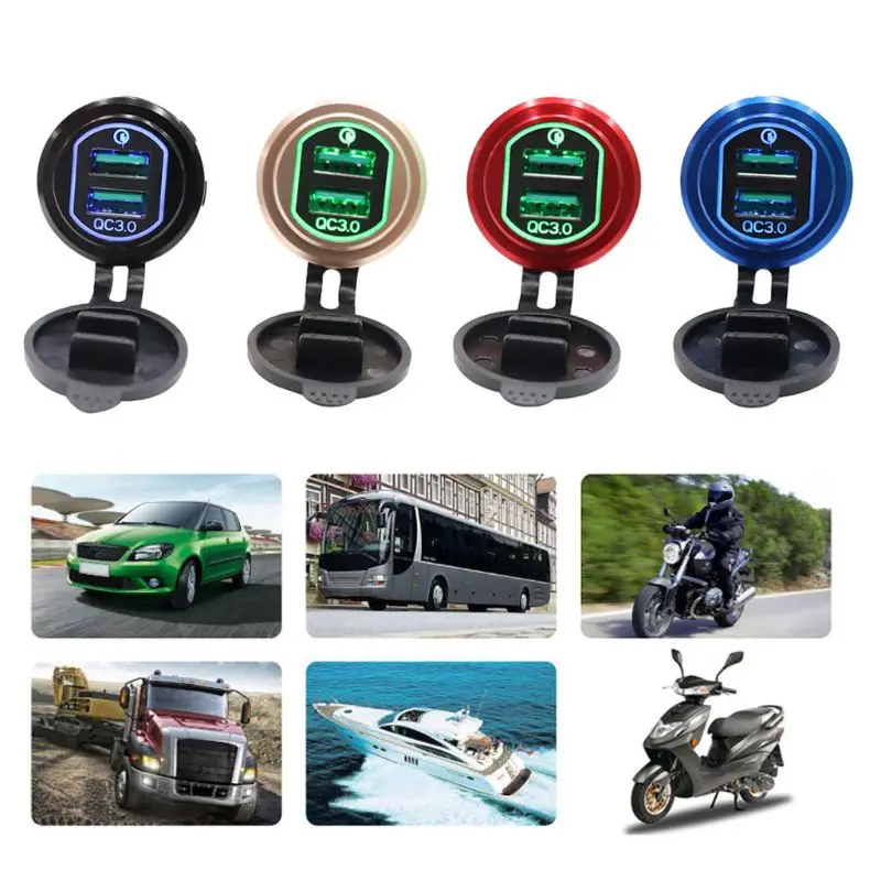 Aluminum Motorcycle Boat 12V/24V QC 3.0 Dual USB Car Charger Power Adapter for Smartphone Tablet PC GPS
