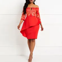 Vestido de fiesta de cóctel con hombros descubiertos, Vestidos elegantes ajustados Vintage de verano para mujer, patrón sexy africano, Vestidos Midi rojos con volantes