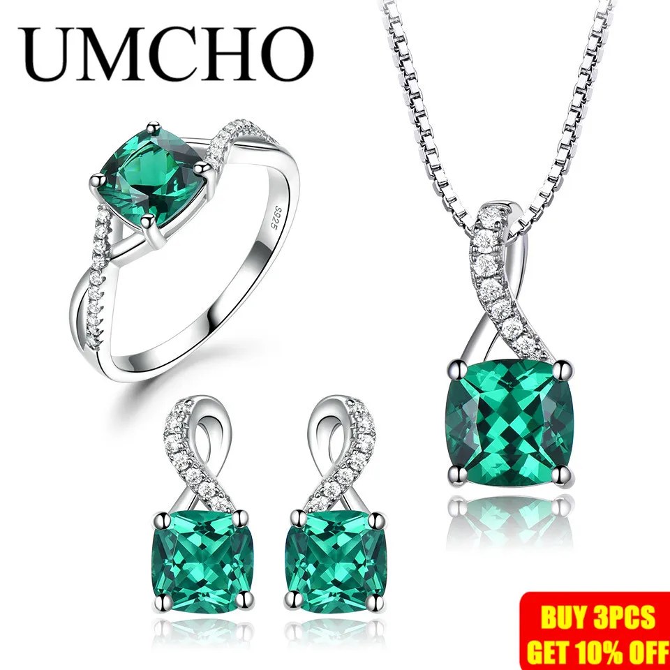 Cena UMCHO 925 Sterling Silver Jewelry Sets dla kobiet kamień pierścionek ze szmaragdem wisiorek stadniny kolczyki dla kobiet mała biżuteria ślubna nowość