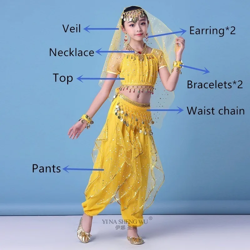 Yellow 7pcs Детский набор костюма для танца живота Восточный танец девушки танец живота Индия танец живота представление сценическая одежда брюки для танцев костюм - Цвет: Yellow 7pcs