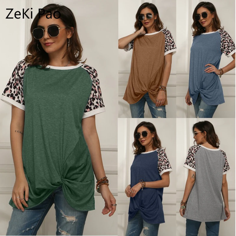 

Spring and Summer New Women's Leopard Print Stitching Short-sleeved T-shirt Casual Fashion Shirt Street Clothing Vestidos
