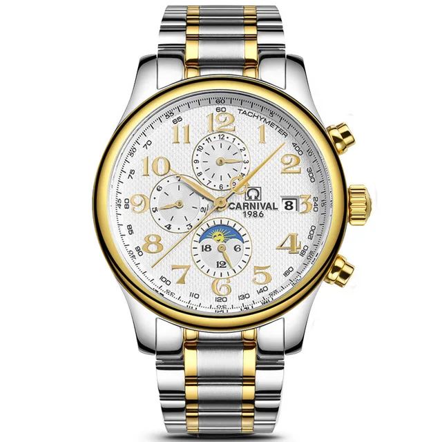 Новейшая модель года KARNEVAL Blau Hand multifunkments Automatische Mechanische mjanner Uhr Luxus бизнес uhr Rostfreiem Stahl Fall S - Цвет: Gold Steel White