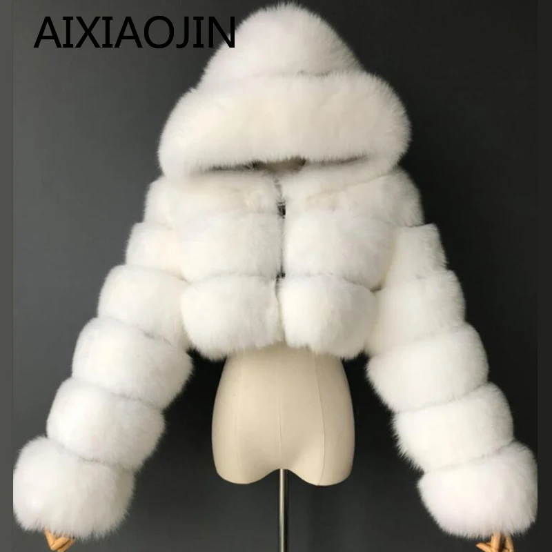 AIXIAOJIN high-quality furry short faux fur coats and jackets women's fluffy coats with hooded winter fur jackets manteau femme packable down jacket