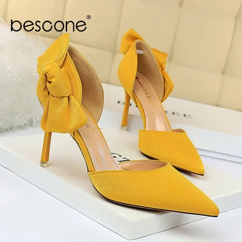 

BESCONE New Pumps Women Fashion Butterfly-knot Solid Shallow Sexy Pointed Toe Thin High Heels Shoes Handmade New Pumps BO618
