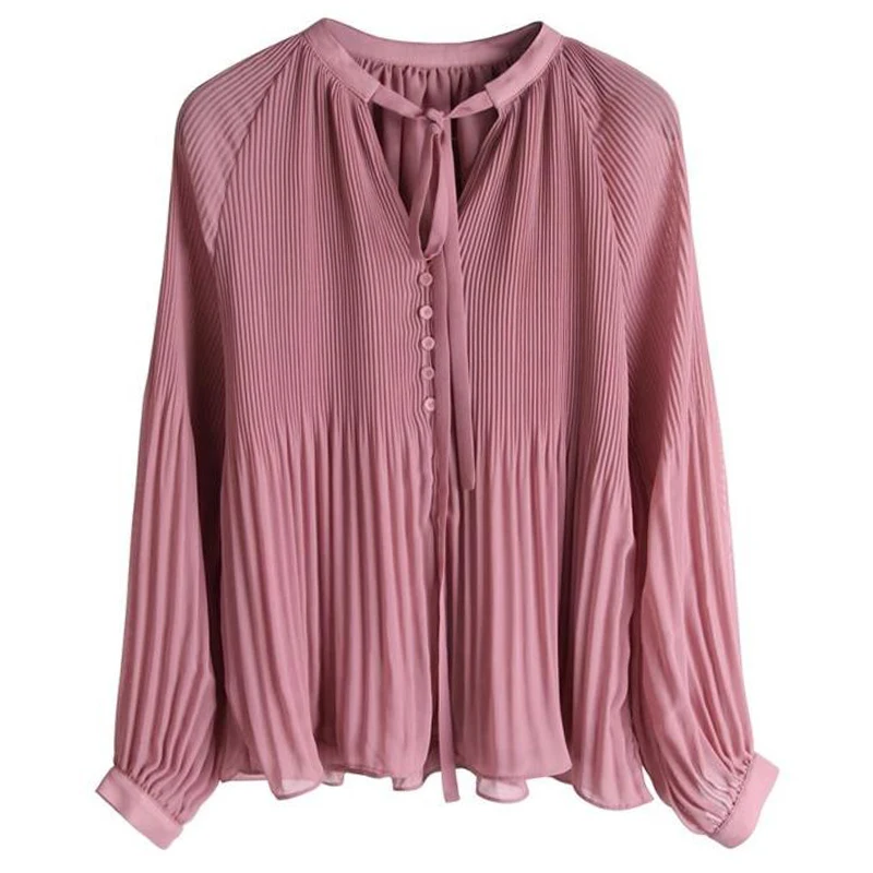 TVVOVVIN Summer Fashion Women Chiffon Shirt V-neck Solid Color Ladies Blouses And Tops Long-sleeved Women's Clothing B020