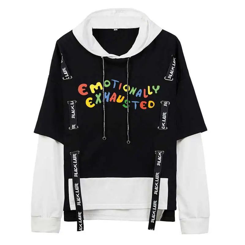 

Oversize Ribbon Hoodies Emotionally Exhausted Pullovers Fake Two Piece Hooded Sweatshirts Casual Cotton Hip Hop Homme Clothes