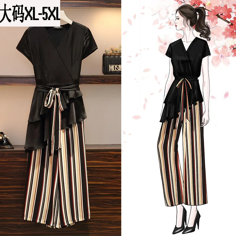 

2019 Summer New Style Large Size Dress Fat Mm Fashion V-neck Bandage Cloth Tops Vertical Striped Loose Pants Fashion Two-Piece S