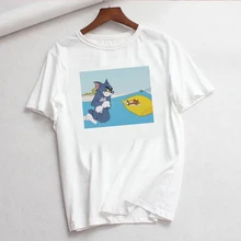 Camisetas de verano informales de dibujos animados con estampado de Jerry Mouse Cat Tom, divertida Camiseta holgada de mujer con letras de gran tamaño, camiseta Vintage Linda Ulzzang