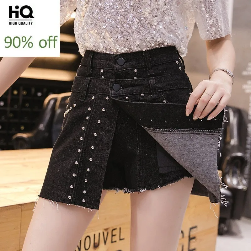 

High Waist Fake Piece Embroidered Flares Rivet Cowgirl Shorts Skirts New Brand Fashion Thin Slim Button Fly Womens Flare Shorts