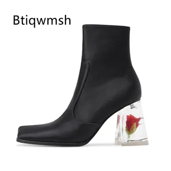 

2020 Spring Luxury Satin Ankle Boots Women Square Toe Flower Crystal High Heel Shoes Ladies Fashion Party Shoes