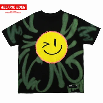 

Aelfric Eden 2020 Summer Streetwear Punk Hip Hop Casual Smiley Letter Printed Unisex Tshirt Loose Round Neck Short Sleeves