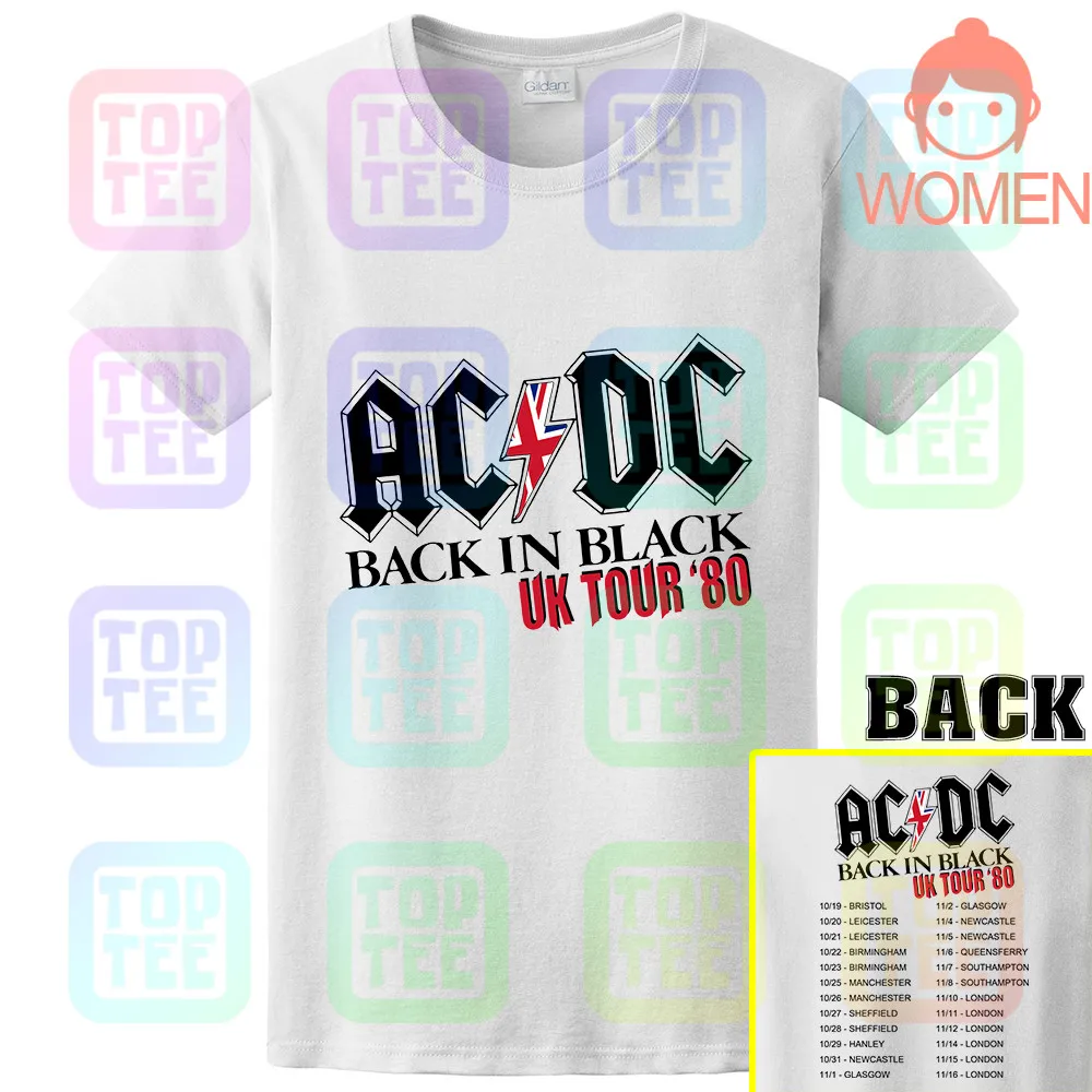 ACDC Back in Black UK Tour 1980 Мужская футболка Винтаж Рок-Группа Альбом Music Merch - Цвет: WOMEN-WHITE