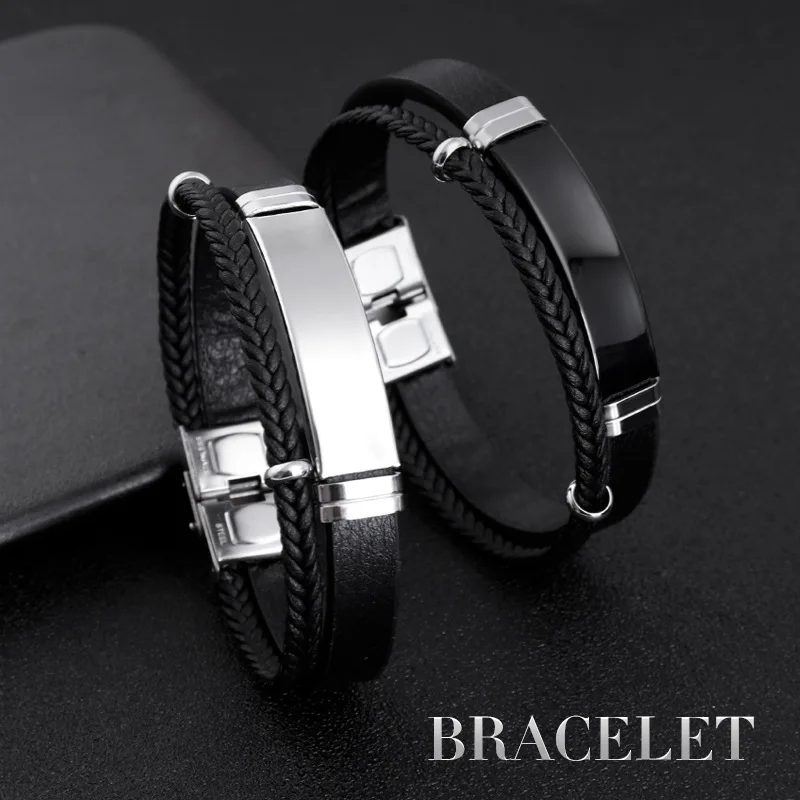 Leather Bracelet Blank For Engrave Stainless Steel Plate To Engrave Layer Leather Bracelet Bangles For Men Wholesale 10pcs 3
