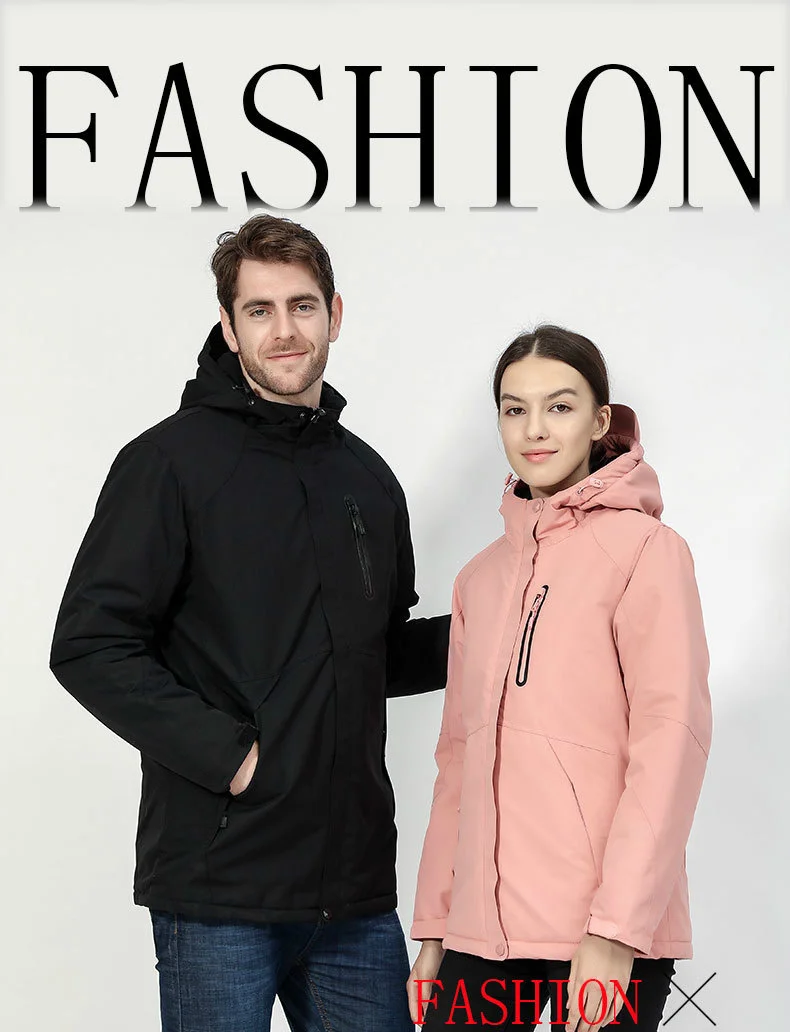 A man and woman posing for a photo in a waterproof fashion jacket.