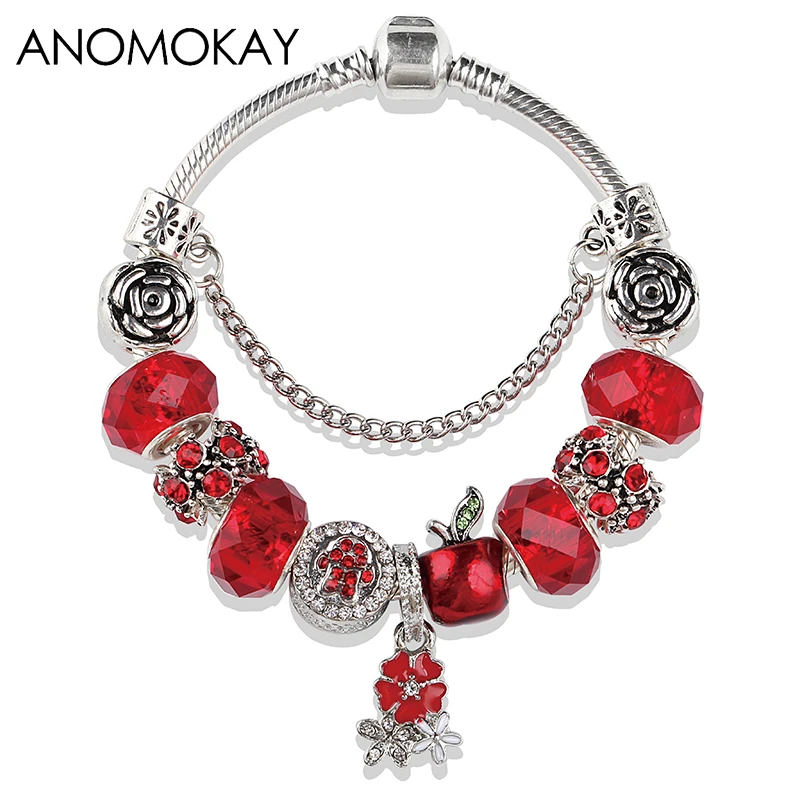 European& American Trendy Christmas Apple Charm Bracelet& Bangle Red Flower Crystal Diy Bead Bracelet Jewelry for Women