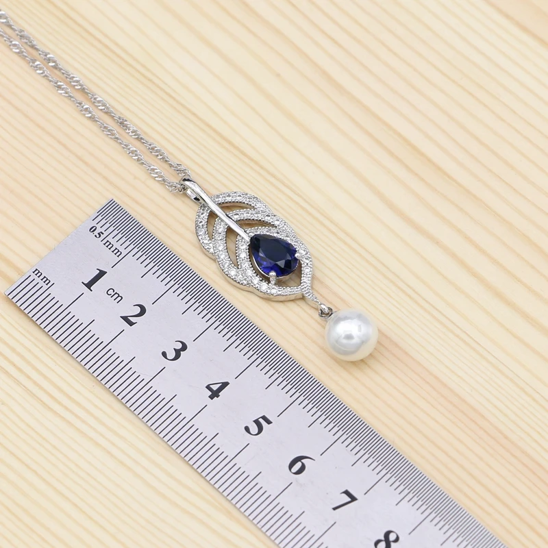 925 Silver Jewelry Set For Women Engagement Gift Blue Stone White Pearl Heart Shape Bracelet Necklace Pendant Earrings Open Ring - 2