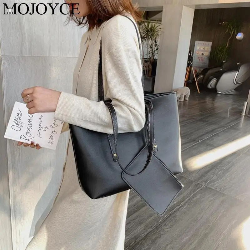 

2pcs/set Casual Leather Women Shoulder Bag Pure Color Large Handbag Clutch Fashion High Capacity PU Shoulder Bag