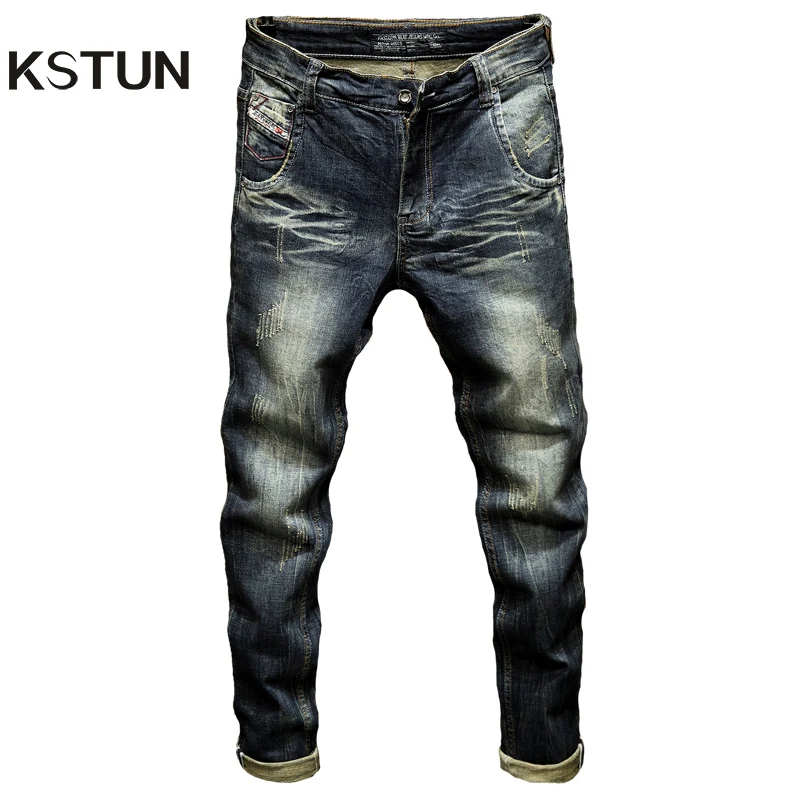 Mens Dark Blue Jeans Pants Denim Slim Fit Elastic Casual Punk Jeans Men High Street Vintage Scratched Fashion Pockets Designer Mens Dark Blue Jeans Pants Denim Slim Fit Elastic Casual Punk Jeans Men High Street Vintage Scratched Fashion Pockets Designer