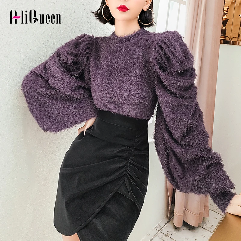 Jersey Mujer 2020 Autumn Fashion Women Black Puff Long Sleeve Loose Bright Silk Mohair Sweater Purple Knitted Pullover Sweaters | Женская