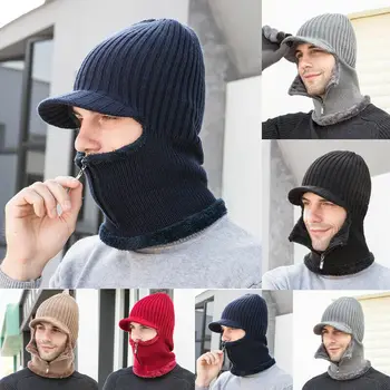 

Men Winter Warm Windproof Balaclava Hat Wool Knit Visor Beanie Ski Beanie Cap Zipper Mask Scarf