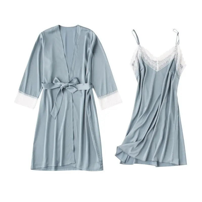 Sexy Womens Robe & Gown Sets Lace Bathrobe + Nightdress 2 Two Pieces Sleepwear Womens Sleep Set Faux Silk Robe Femme Lingerie