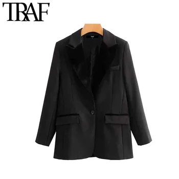 

TRAF Women Vintage Stylish Pockets Velvet Patchwork Blazer Coat Fashion Notched Collar Long Sleeve Female Outerwear Chic Tops
