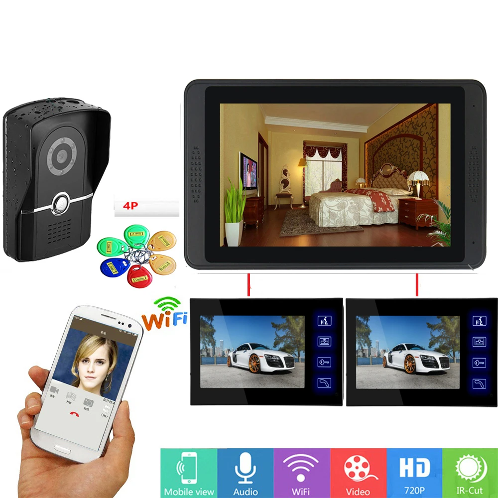 

RFID Access Control 7 Inch LCD Wifi Wireless Video Door Phone Doorbell Video Speakerphone Intercom System APP Remote Unlock