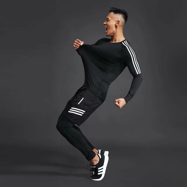 US $8.12 Quickdrying compression mens sports training suit mens gym jogging running suit mens tight fitn