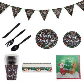 

Christmas Party Supplies Disposable Dinnerware Set 10 Guests Triangle Banner Paper Plates Napkins Cups for Xmas Decor