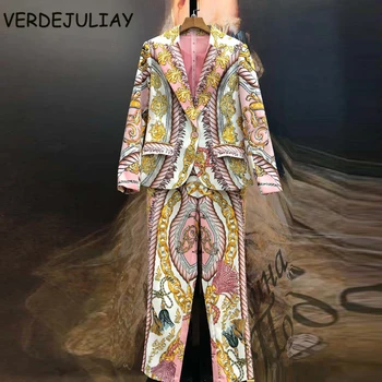 

VERDEJULIAY Runway Fashion 2 Pieces Suits High Quality Office Ladies Blazers + Full Lenght Pants Chian Printed Elegant Suits