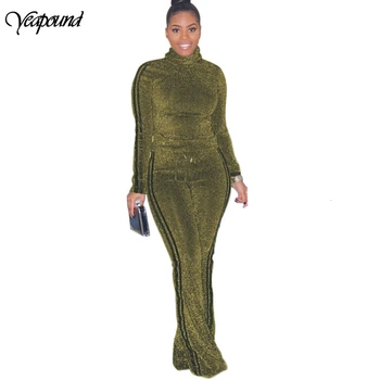 

Glitter Tracksuit 2pcs Women Set Turtleneck Crop Top Sweatshirt+Side Stripe Pants 2 Pieces Sets Women Clothing Suits Female