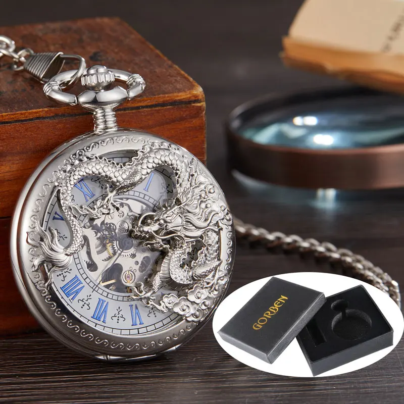 sliver with box Роскошный золотой дракон лазерная гравировка Механические карманные часы с цепочкой полый Скелет ручной обмотки кулон часы для мужчин флип Fob - Цвет: sliver with box