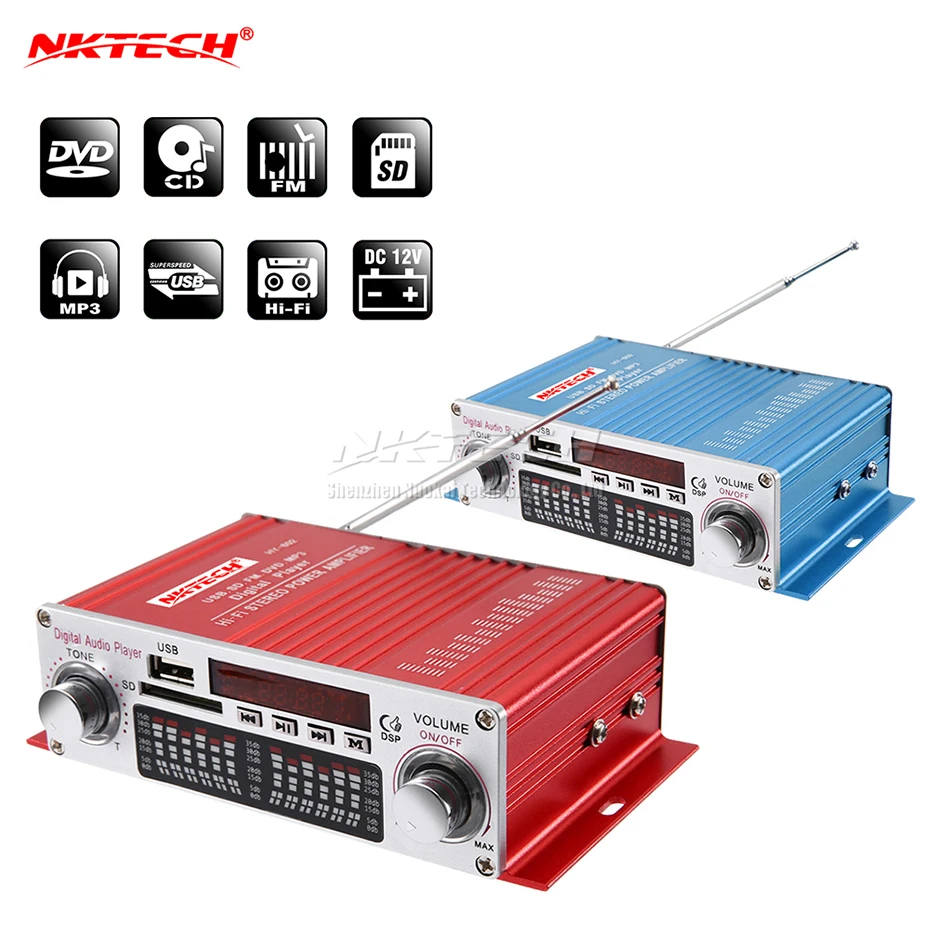 

NKTECH HY-602 Car Digital Player Audio Power Amplifier 2CH 20W RMS DSP Hi-Fi Stereo TF USB FM DVD MP3 IR Remote Tone Volume Home