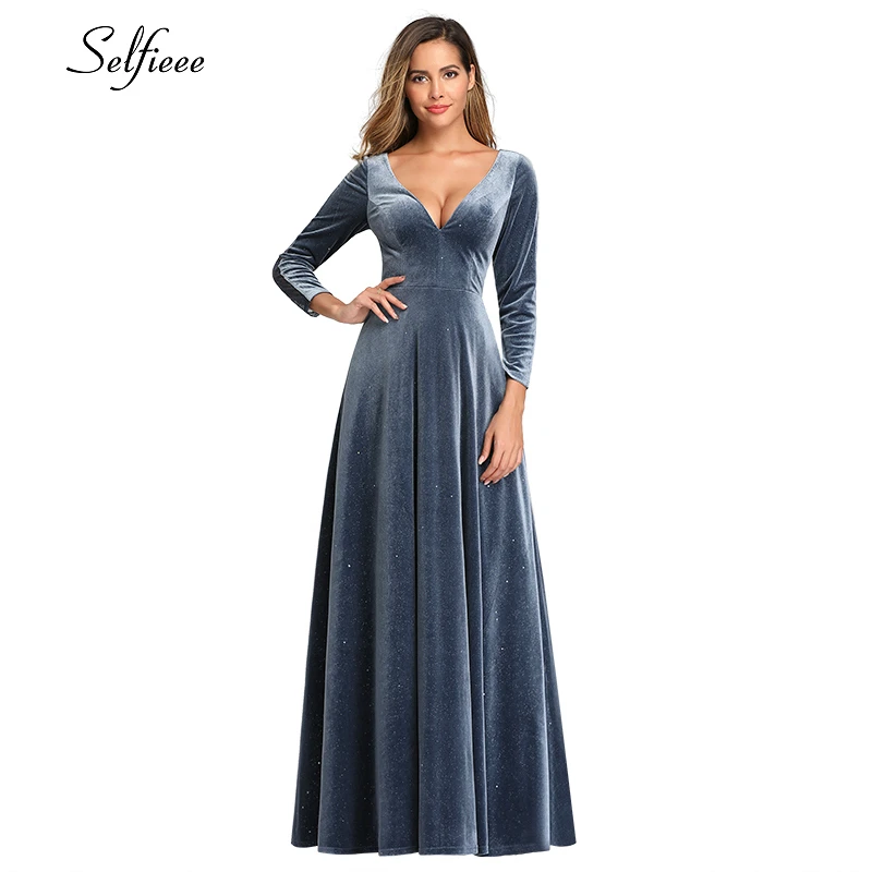 Элегантное велюровое женское платье трапециевидной формы с глубоким v-образным вырезом и длинным рукавом, кружевное сзади, пыльно-синее макси платье, сексуальные осенние вечерние платья, женское платье