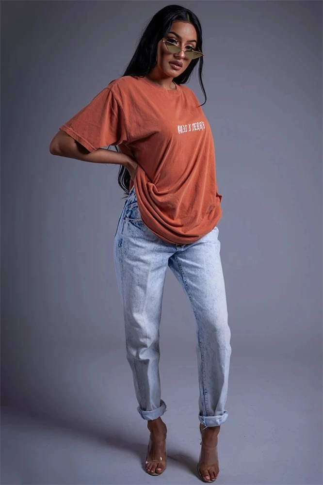 XLLAIS летняя новая длинная футболка женские оранжевые футболки женские повседневные свободные топы с круглым вырезом и короткими рукавами с буквенным принтом