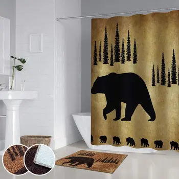 

Wild Animal Shower Curtain Sets With Non-Slip Rugs Black Bear Forest Wildlife Adventure Western Themed Waterproof Bath Decor