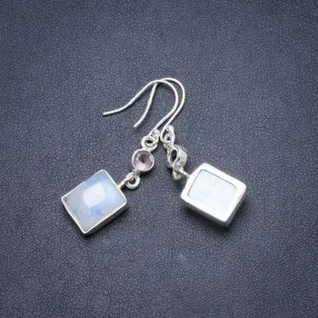 

Natural Rainbow Moonstone and Amethyst Handmade Unique 925 Sterling Silver Earrings 1 3/4" Y2137