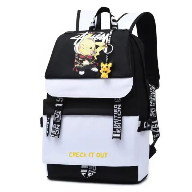 Action Large Pikachu Backpack with USB Charge Line Student Schoolbag Cute Cartoon Pikachu Couple Bags Quality Canvas Bag Gift 3